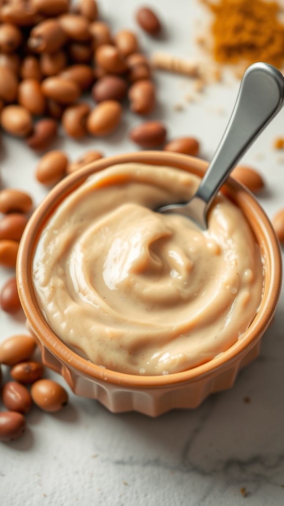 Creamy bean puree for babies served in a cute bowl with a spoon, surrounded by beans.
